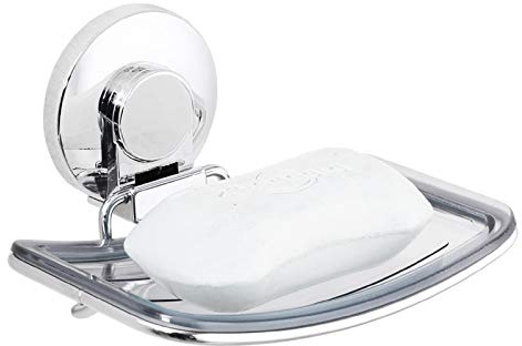 LEVERLOC Chrome Suction Cup Soap Dish Holder for Shower Wall Drill-Free Rustproof Waterproof Wall Mount Strong Suction Removable Bar Soap Sponge Holder for Bathroom Bathtub Kitchen