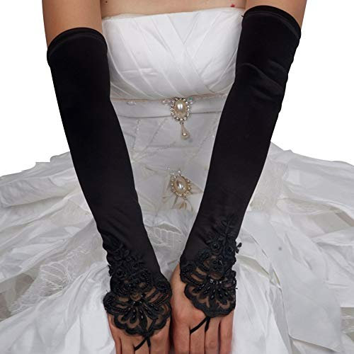 Asudaro Damen Lange Brauthandschuhe Hochzeitshandschuhe Sexy Spitzenhandschuhe Fingerlos Handschuhe Hochzeit Abend Party Satin Fäustlinge Satinhandschuhe 42CM