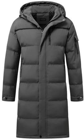 Allthemen Mens Down Jacket Mid Length Hooded Padded Coat Parka | Mens Winter Warm Lightweight Puffer Jacket Zip Up Windproof Outwear Solid Color Business Casual Thick Jacket