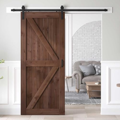 ROYMELO 36x84 inch Sliding Barn Wood Door Slab with 6.6ft Hardware Kit and Handle, Coffee, K Shape, Simple DIY Assembly