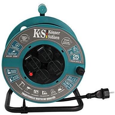 Die Verlängerungskabel-Trommel KS CR-25M mit einer Kabellänge von 25 Metern eignet sich für gleichzeitigen Anschluss von bis zu 4 Elektrogeräten an ein Stromnetz 230 V