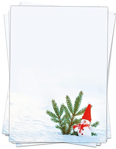 Weihnachtspapier A4 | Weihnachtsbriefpapier beidseitig bedruckt, 50 Blatt | Premium Briefpapier Weihnachten Tanne und Schneemann | weihnachtliches Motivpapier Schreibpapier Druckerpapier 90 g/qm