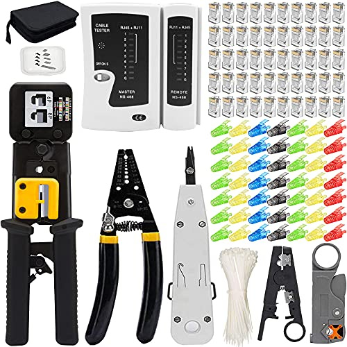 MAYLINEE RJ45 Juego de conectores crimpadores de cables de red, kit de herramientas de reparación Cat5 Cat6 Net Mantenimiento profesional del comprobador de cables LAN, alicates de crimpado RJ45