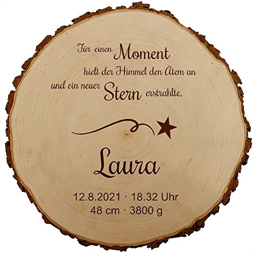 Baumscheibe 30cm MIT GRAVUR (Geburtsteller mit Geburtsdaten) personalisierte Holz-Scheibe Taufgeschenke Geschenke zur Geburt/Taufe für Mädchen & Jungen, MotivGE1