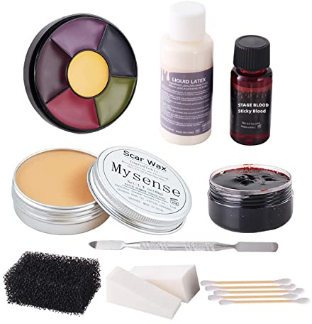 Mysense Liquid Latex Scar Wax SFX Makeup Kit for Fake Scars Wounds Burns With 6 Color Bruise Wheel Face Body Paint Stage Blood Coagulated Blood Gel and Spatula Sponges Q-tips