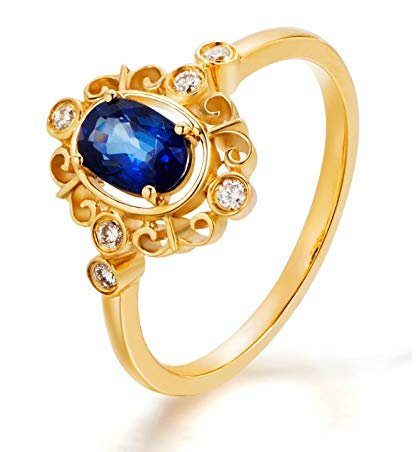 Gualiy Gold 18 Karat Ring, Damenring Hochzeit Vintage Ring mit Saphir und Diamant 0.68 Carat Trauringe Verlobungsringe Größe 61 (19.4)