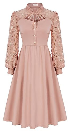 Belle Poque dam gotisk spetsklänning utskärning stående krage långärmad vintage festklänning, Rosa, XXL