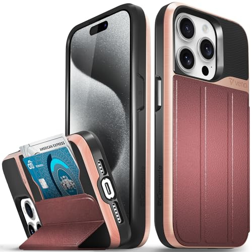 VENA vCommute for iPhone 15 Pro Wallet Case, [Military Grade Drop Protection] Flip Leather Cover Slot Card Holder with Kickstand - Red