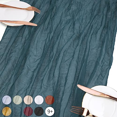 Uiopa Käsetuch Tischläufer Pfauenblau, 90 x 400cm Tischläufer Boho Tischdeko, Musselin Tischläufer Dekostoff für Hochzeit, Brautparty, Babyparty, Geburtstagsfeier
