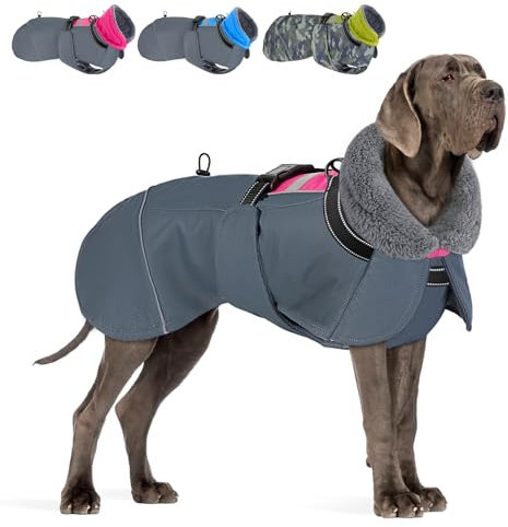 SlowTon Hundemantel Winter, wasserdichte verstellbare Fleecefutter Hundejacke mit Turtleneck und Kordelzug, reflektierender Wintermantel für kleine mittlere und große Hunde im Freien