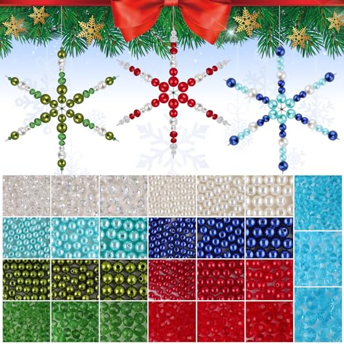 1574 Stück Christmas Snowflake Wire Forms, Kalolary Perlen Set Weihnachten Metall Schneeflocken Perlen Ornament 24 Stück Metall Schneeflocken Draht mit Grün Roten für DIY Basteldekoration