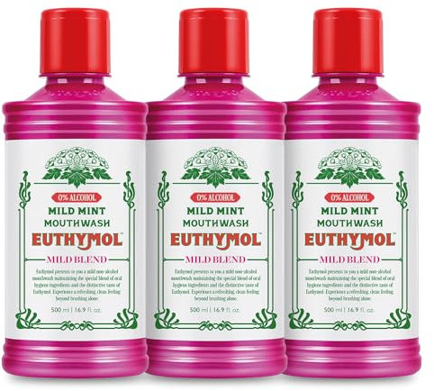 Euthymol Mild Mint Mouthwash 500ml x 3, Mundspülung mit fluorid, Alkoholfrei Mundwasser, Reduzieren Zahnstein Zahnfleisch Entzündung, Erfrischt den Atem, Mundgeruch bekämpfen, Täglich Zahnpflege