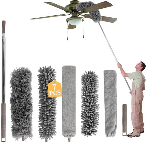 Staubwedel Teleskop Waschbar, 7 Stücke Staubwischer, Staubwedel Lang Ausziehbar mit Teleskopstange Lang Ausziehbar bis 250cm, Spinnenwebenentferner für hohe Decken Deckenventilator spinnenweben
