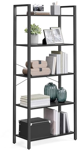 VASAGLE Regal, Bücherregal, Standregal, DVD-Regal, mit 5 Ebenen, Büroregal, offene Ablagen, für Büro, Wohnzimmer, Schlafzimmer, Küche, 30 x 66 x 153 cm, ebenholzschwarz-tintenschwarz LLS061B56