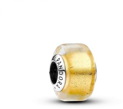 Pandora Moments Charm en argent sterling avec verre de Murano transparent et feuille d’or 24 carats