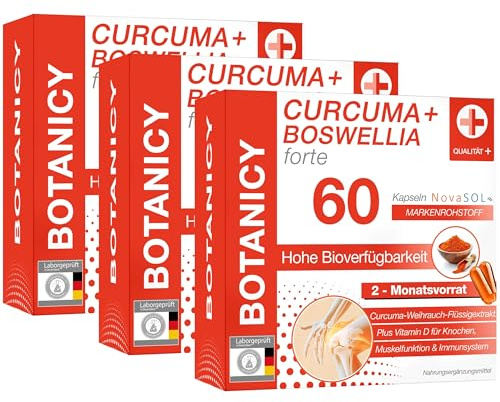 BOTANICY Curcuma + Boswellia forte - Kurkuma Weihrauch Kapseln mit Markenrohstoff NovaSOL - Plus Vitamin D3 für Knochen & Muskeln - Hohe Bioverfügbarkeit, Hochdosiert - 180 Weihrauch Kurkuma Kapseln