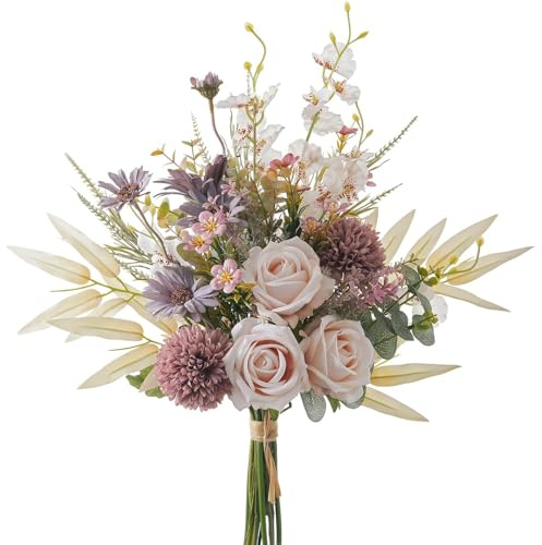 Peauley Künstliche Blumen Seidentischdekoration Faux Plastik Florale Tischdekoration für Zuhause und Küche mit Rosen, Löwenzahn, Phalaenopsis, Eukalyptus, Salbei und Orchideen(Champagner)
