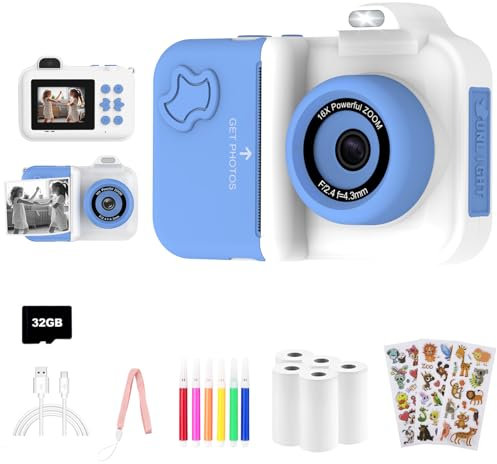 Macchina fotografica bambini istantanea,Regalo di Natale e Compleanno per giochi Bambina 4 5 6 7 8 9 10 11 12 Anni, Fotocamera Digitale Selfie 1080P con 5 Rotoli di Carta Termica e Scheda da 32GB