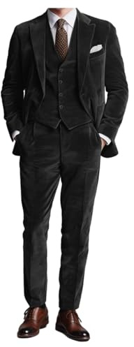 Completo da uomo in velluto a 3 pezzi Abiti in velluto a coste Due bottoni Smoking Vestibilità slim Lussuoso Blazer Giacca da festa/cena e Pantaloni, Nero , 50