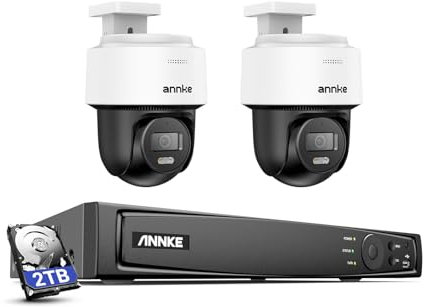 ANNKE 3K PoE-övervakningskamera utomhus set 345° panorering, 80° lutning, autospårning, KI-personigenkänning, 24/7-inspelning, 8-kanals 12 MP NVR med 2 TB HDD, för inomhus och utomhus