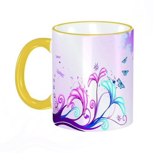 YOIUE Tazze Originali di caffè e Colazione Tazze - stampata Ceramica 11 once di tazze 330 ml Decora la tua tazza regalo, corpi di fiori giganti curvi e farfalle che volano in stile primaverile, desi