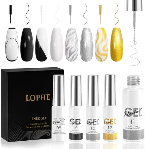 LOPHE Gel Liner Nail Art Kit, 4 Colors Black White Glitter Silver Gel Polish, Soak-Off UV/LED Nail Polish Art Paint,Nails Line Kit for Gliitter French Tip Manicure