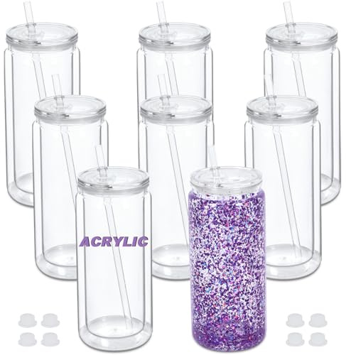Micellwuu Acryl-Schneekugel-Becher, doppelwandige Schneekugelbecher mit vorgebohrtem Loch, Kunststoffbecher für Schneekugel, Glitzer, transparent, 590 ml, 8 Stück