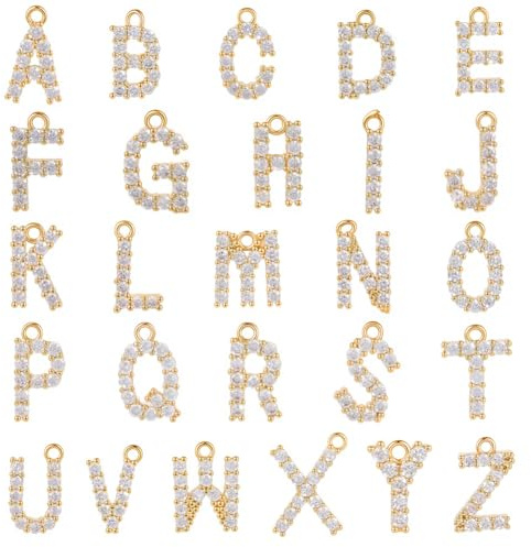 SUNNYCLUE 1 Scatola da 26 Pezzi Ciondoli con Lettere Placcati in Oro 18K Ciondoli con Strass in Lega di Ottone Zirconi Cubici dalla A alla Z Pendenti per La Creazione di Gioielli Braccialetti C