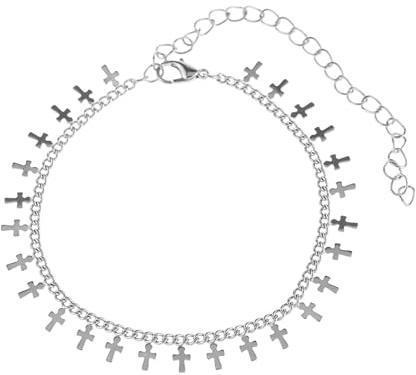 Gualiy Fotkedjor dam silver guld, fotkedja med kors tofsar fotkedjor för kvinnor 22 + 10 cm, Silverpläterad, Ingen ädelsten