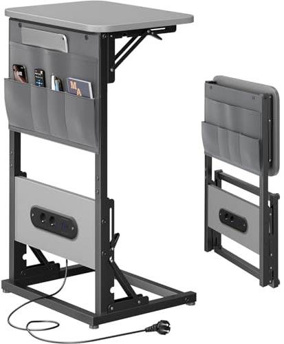 HLONONE Beistelltisch C Form, Klappbarer Sofatisch mit Steckdosen, Couchtisch mit Metallrahmen für Schlafzimmer und Wohnzimmer, 30 x 40 x 68.5 cm, Wohnzimmertisch für Kaffee und Laptop, Grau