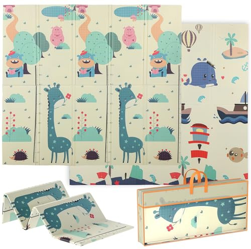 AIYAPLAY Alfombra Bebé Acolchada Plegable Reversible 196x176x1,5 cm Diseño de Ciervos y Ballenas Tapete de Actividades Bebé XPE Doble Cara Impermeable Multicolor