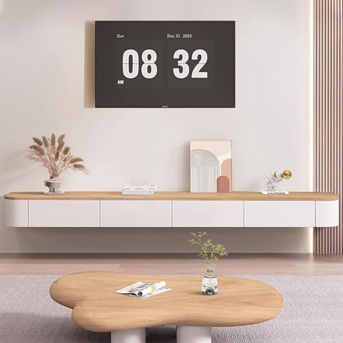 Kchsdool Meuble TV bas moderne suspendu avec éclairage LED - En bois massif - Avec tiroirs et étagères - Console multimédia pour le salon - Blanc bois - 220 cm