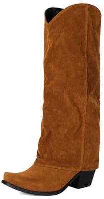 Wtharosa Bottes Western Daim Femme Genou Style Slouch Talon Carré Cowgirl Confortable Automne Hiver Décontracté Extérieur,Marron,38 EU