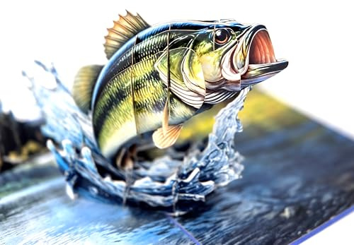 3D-popup-hälsningskort med abborrmotiv, handgjorda fiskekort, 26 x 18 cm, 10 cm höjd i höjd, sjölandskapsdesign, inklusive kuvert