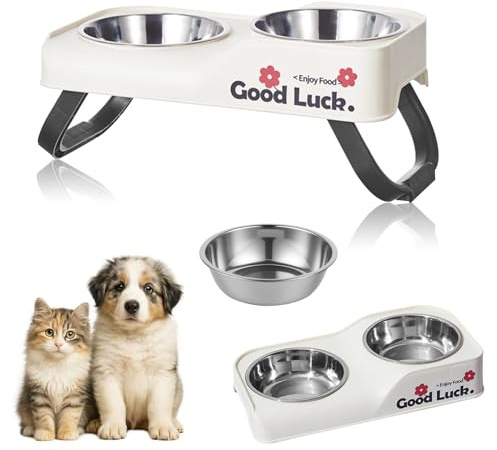 Comedero para perros elevado, comedero para perros con 2 cuencos de acero inoxidable, plegable y elevado, comedero antideslizante y cuenco de agua para gatos y perros (blanco)