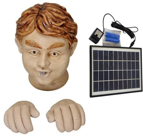 Storm's Gartenzaubereien Wasserspeier Kopf mit Händen Solar mit Akku Pumpe - Keramik Teichfigur fürMiniteich - Wasserspiel Garten Deko Gesicht - Set mit 6,5W Solarmodul