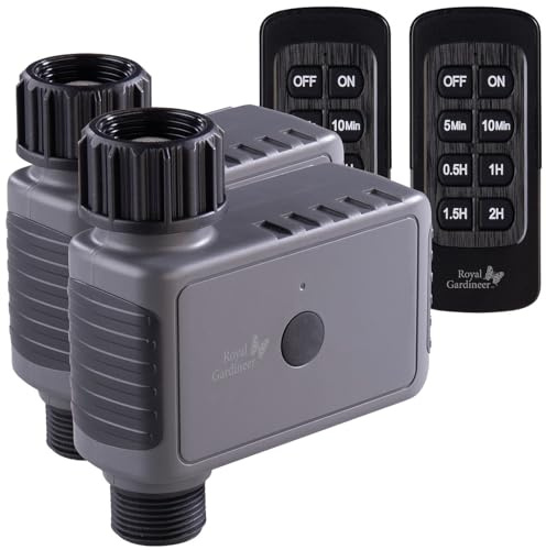 Royal Gardineer Bewässerungsgerät: 2er-Set Bewässerungscomputer mit Ventil, Funk-Fernbedienung, IP55 (Bewässerung mit Fernbedienung, Wassertimer, Garten)