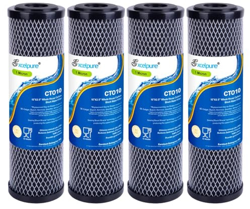 EXCELPURE 1 Micron 10 x 2.5 Whole House CTO Carbon Water Filter Cartridge Replacement for Home Countertop System, Dupont WFPFC8002, WFPFC9001, FXWTC, SCWH-5, WHEF-WHWC, WHCF-WHWC, CTO10, T01, 4PACK