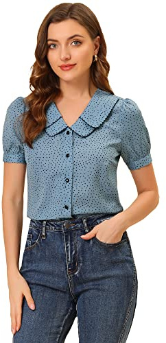Allegra K Chemise à Pois Femme à Manches Courtes Bouffante Haut à Col Claudine Vintage en Mousseline de Soie Bleu S