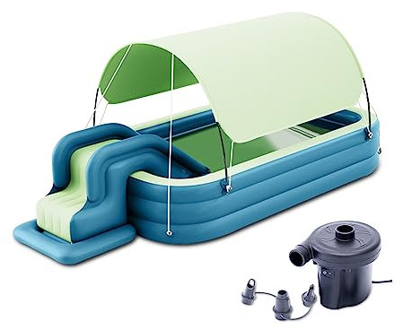 Ergocar Aufblasbarer Pool, Aufblasbarer Kinderpool mit Rutsche, Aufblasbares Planschbecken für Kinder mit Markise, Family Pool Schwimmbecken für Kleinkinder Outdoor, Garten, Hinterhof
