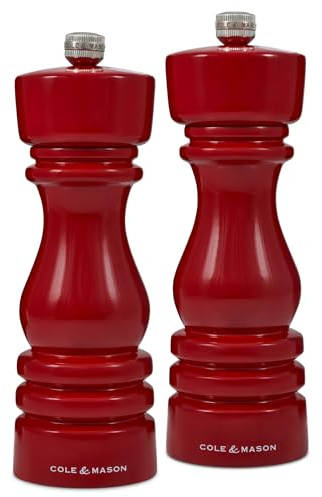 Cole & Mason H233101 London Rojo Brillo Molinillos de Sal y Pimienta, Precision+/Molienda Ajustable, Madera de Haya, 180mm, Caja de Regalo, Incluye 2 x Molinos, Garanzia del Meccanismo a Vita