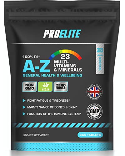 Multivitamins & Minerals - 365 Vegan Tablets - One a Day 100% RDA - 23 Essential Vitamins & Minerals in A-Z Multivitamin Tablet - Made in The UK by PROELITE