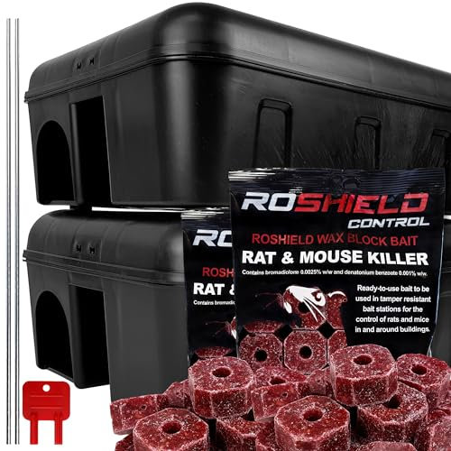 ROSHIELD 2 X Extra Large External Tamper Proof Rodent Bait Box & Wax Block Rat Poison Kit - Garden & Home Treatment Killer Safety Kit (2 Boxes & 300g Blocks)