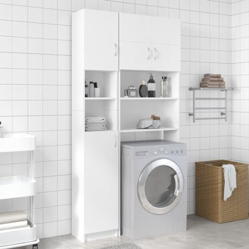 Gecheer Armadio da Bagno Bianco 32x25,5x190 cm in Legno Multistrato,Scaffale Sopralavatrice,Scaffale per Lavatrice con Ripiani,Scaffale Salvaspazio,Mobile Bagno Salvaspazio,Mobile sopra Lavatrice