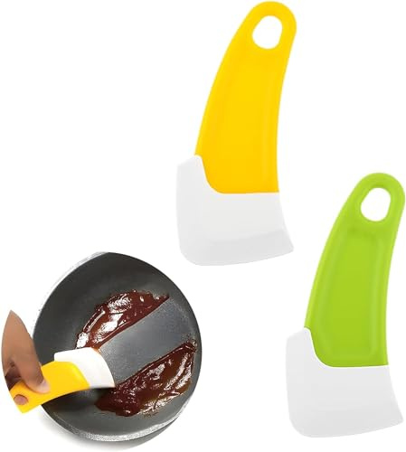 2Pcs Green and Yellow Silicone Pan Cleaning Scraper, Mabor Cleaning Bowl Scraper Dish Scraper for Kitchen Non-stick Plastic Pot Scraper Tool for Pans Pots Cooking Utensils