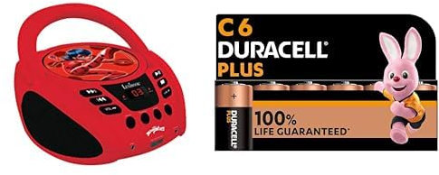 LexibookMiraculousLadybugCatNoir,RadioCDplayer,microphonejack,aux-injack,ACorbattery-operated,Red/Black,RCD108MI + Duracell Plus C Batteries (6 Pack) - Alkaline 1.5V - 100% Life Guarenteed - Reliabili