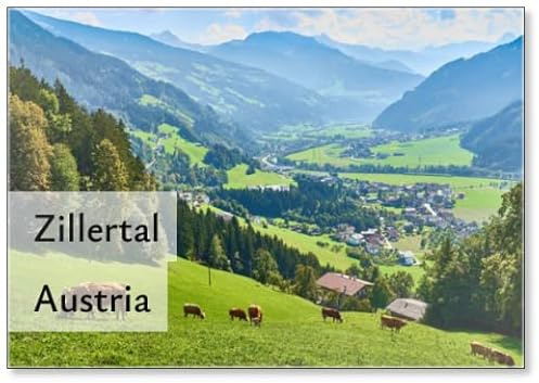Blick über das schöne Tal Zillertal in Tirol in Österreich, Design 2, Kühlschrankmagnet