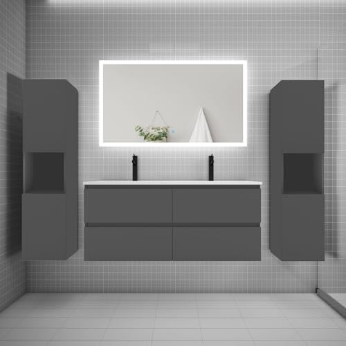 AICA Ensemble Meuble de Salle de Bains 120cm, Double Vasque + Colonne + LED Miroir rectangulaire,Anthracite