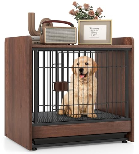 COSTWAY Jaula para Perros 2 en 1, Casa con Bandeja Extraíble, Puerta Bloqueable y Mesa Lateral, para Perros Pequeños y Medianos, Marrón Rústico