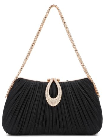 Oweisong Clutch Purses for Women Evening Clutch Bag Satin Pleated Handbag Crossbody Shoulder Bag for Formal Wedding Black